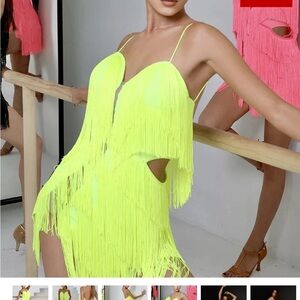 Neon Fringe Spaghetti Strap Dress - Yellow